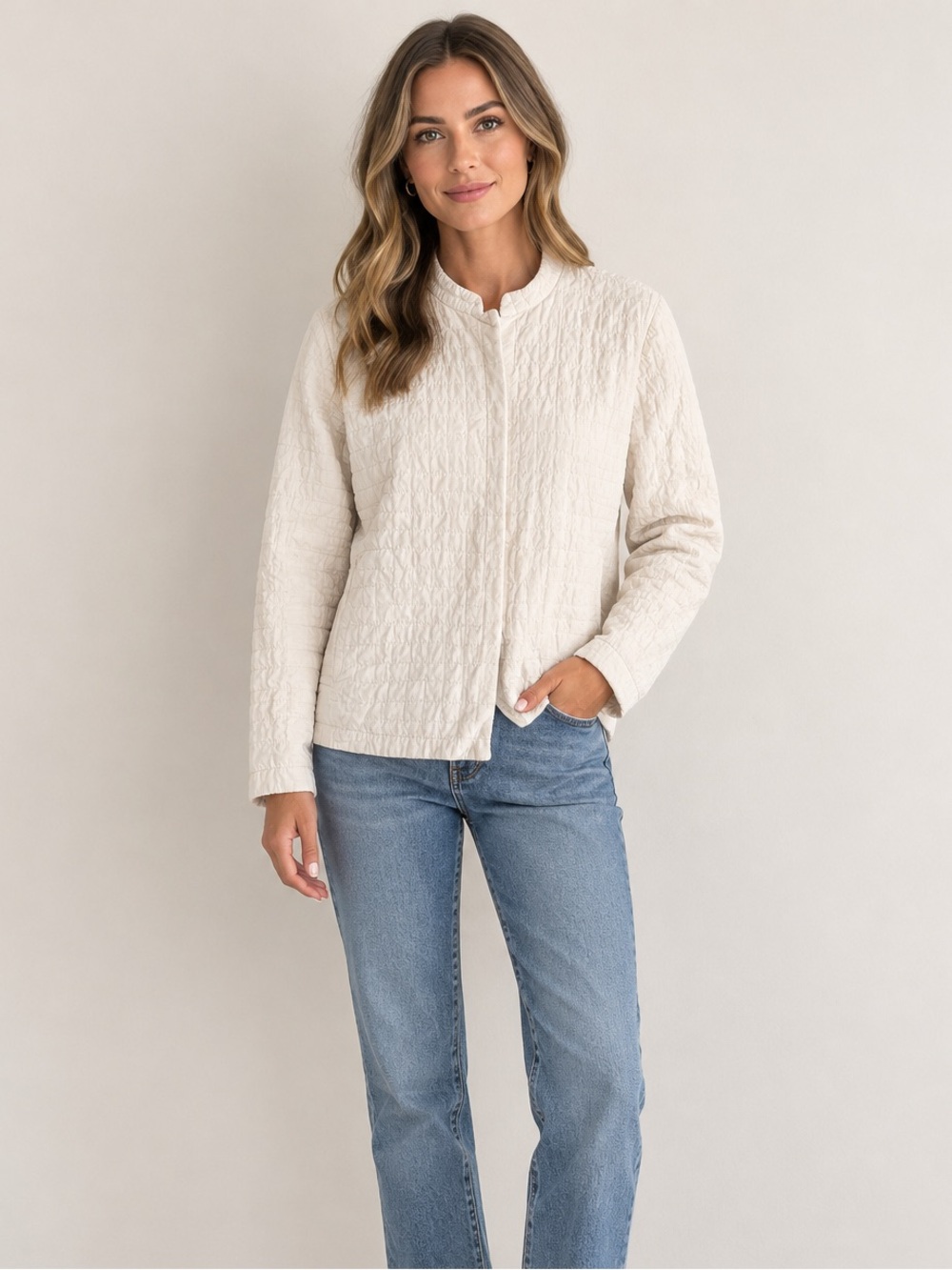 Eileen Fisher Cream Quilted Collarless Jacket